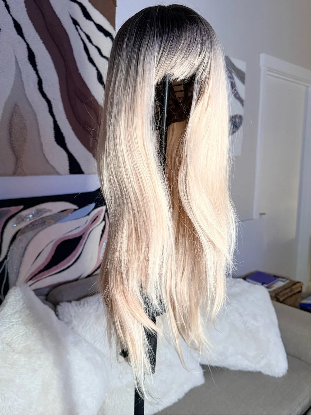 Blonde Ombre Long Straight Wig with Bangs - Neutral Roots